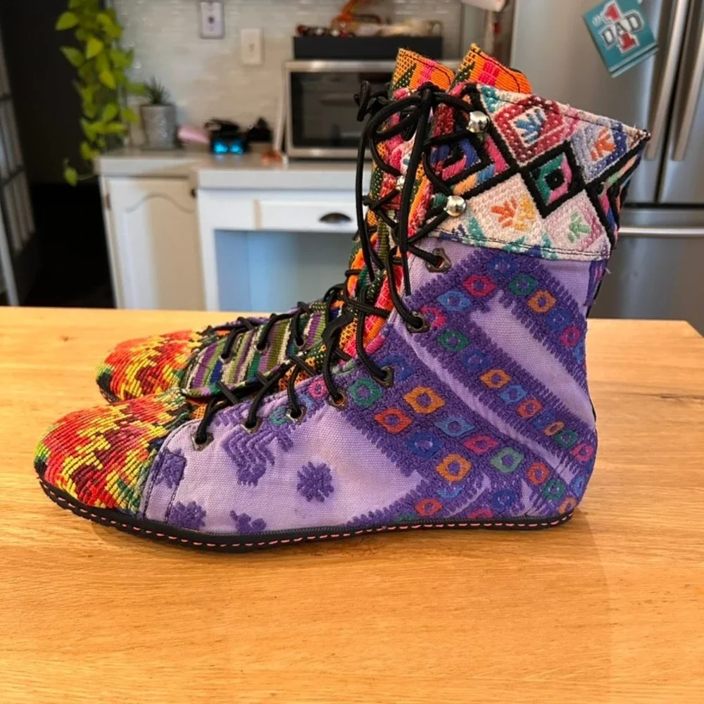 Handmade Guatemalan Huipil Boots Mens 11.5 45 Multi Color Woven Textile Lace Up